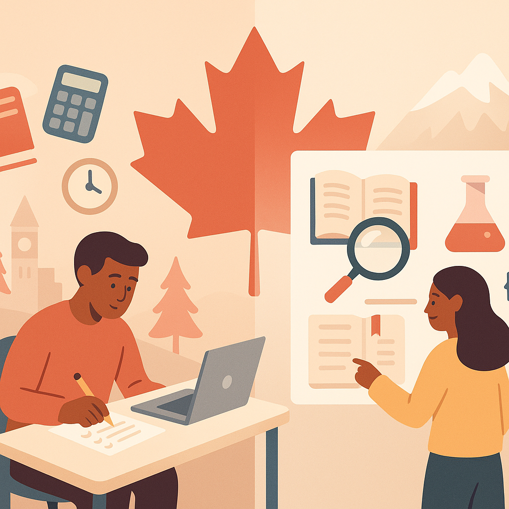Split illustration of Canadian students doing homework and coursework—student at desk, student reviewing board—with red maple leaf backdrop