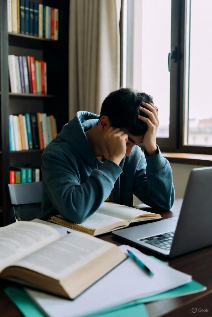 University student overwhelmed by heavy course load and burnout